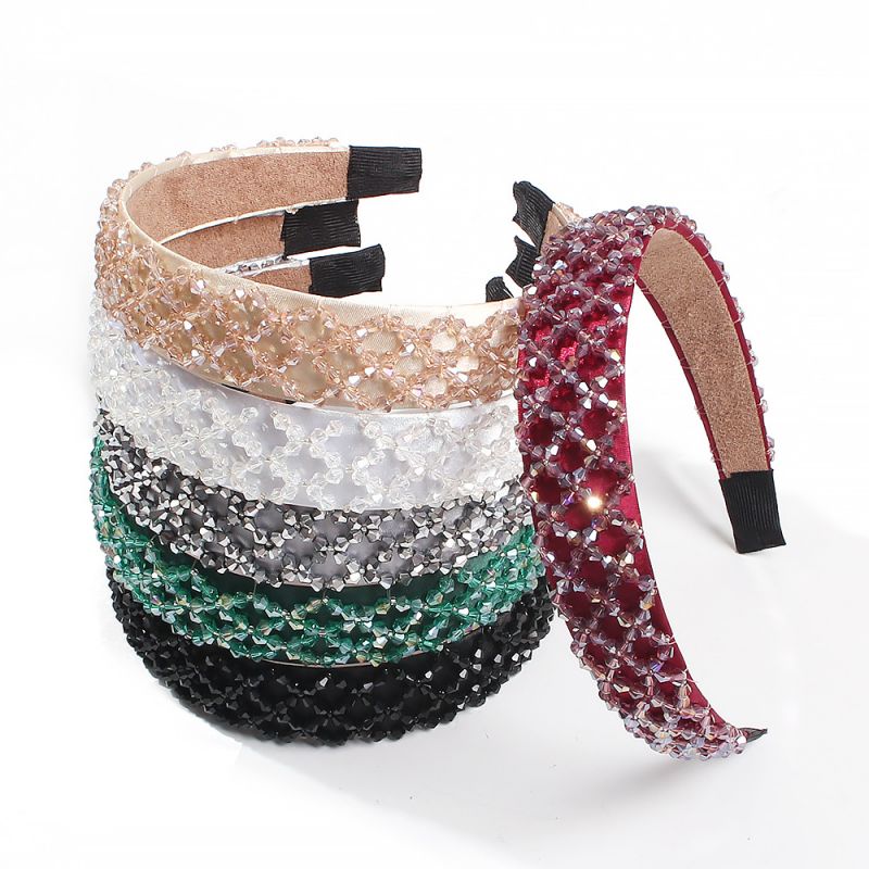 Eur-America Fashion Women Headband Polychrome Crystal Hairband Hand Woven Rice Bead Headwear Luxury 